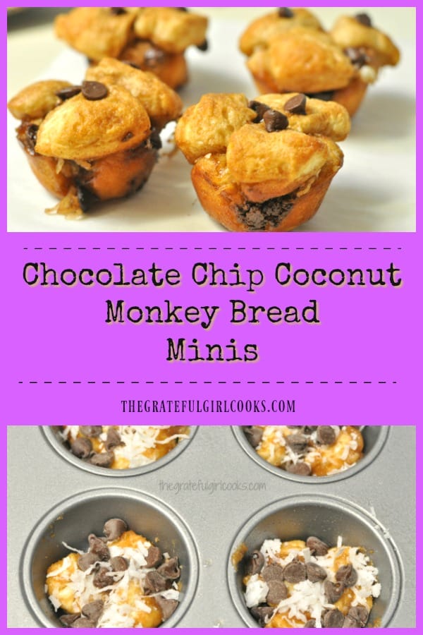 Chocolate Chip Coconut Monkey Bread Minis are a yummy, hand-held version of this breakfast treat! They're filled with chocolate chips, coconut, butter, brown sugar and cinnamon!