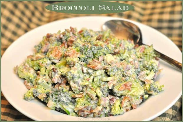 It's EASY to make this delicious, cold and crunchy broccoli salad side dish (w/ bacon, raisins, & sunflower seeds) for family meals, BBQ's or potlucks!