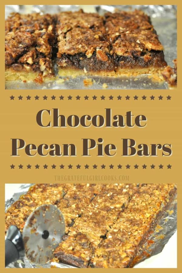 These delicious Chocolate Pecan Pie Bars are cookies with a chewy chocolate and pecan pie filling on a shortbread crust, and are always a big hit for dessert!