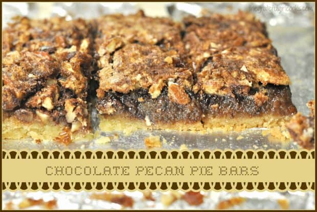 These delicious Chocolate Pecan Pie Bars are cookies with a chewy chocolate and pecan pie filling on a shortbread crust, and are always a big hit for dessert!