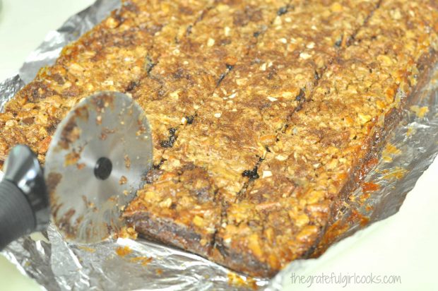 Chocolate Pecan Pie Bars cut easily into bars, by using a pizza cutter.
