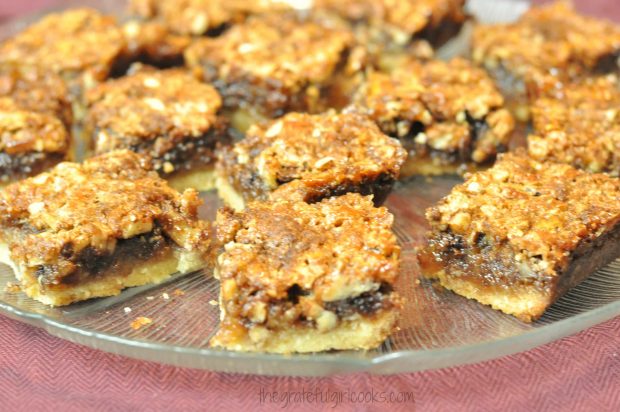 Chocolate Pecan Pie Bars on a platter, ready to eat!