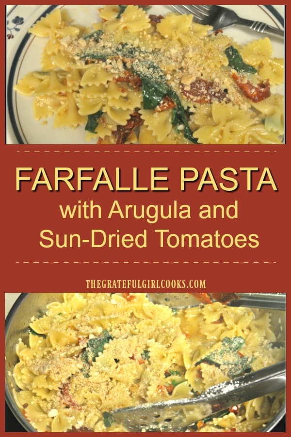 Farfalle Pasta with Arugula and Sun-Dried Tomatoes is a delicious dish, cooked in a skillet and topped with Parmesan cheese and breadcrumbs!