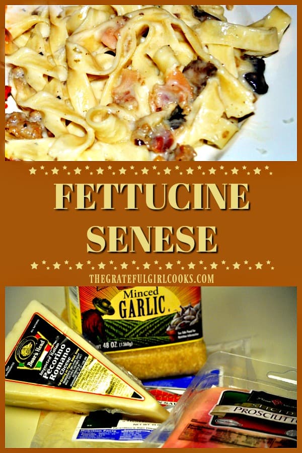 Fettucine Senese is a wonderful Italian pasta dish, featuring a cream sauce with proscuitto, Italian sausage, mushrooms, and Pecorino Romano cheese.