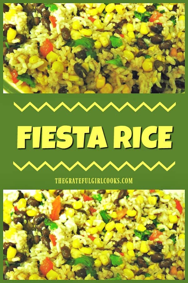 Fiesta Rice is a totally EASY, hearty, and delicious side dish made with white rice, black beans, corn, tomatoes, scallions, cilantro and lime juice.