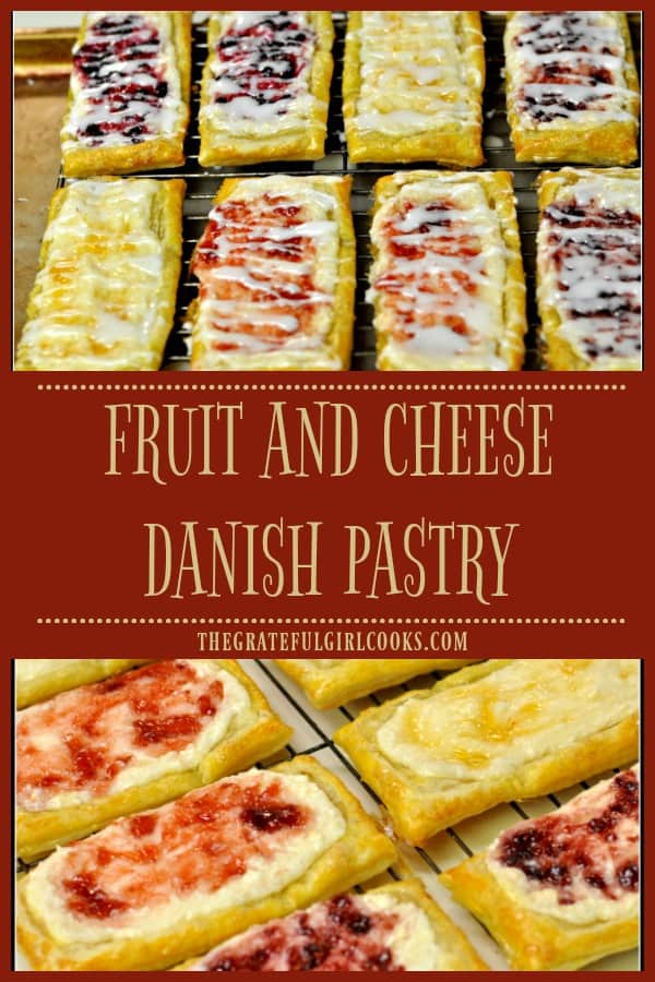 Fruit and Cheese Danish Pastry is an easy to make treat using puff pastry dough, topped with cream cheese filling, assorted fruit jams, and icing.