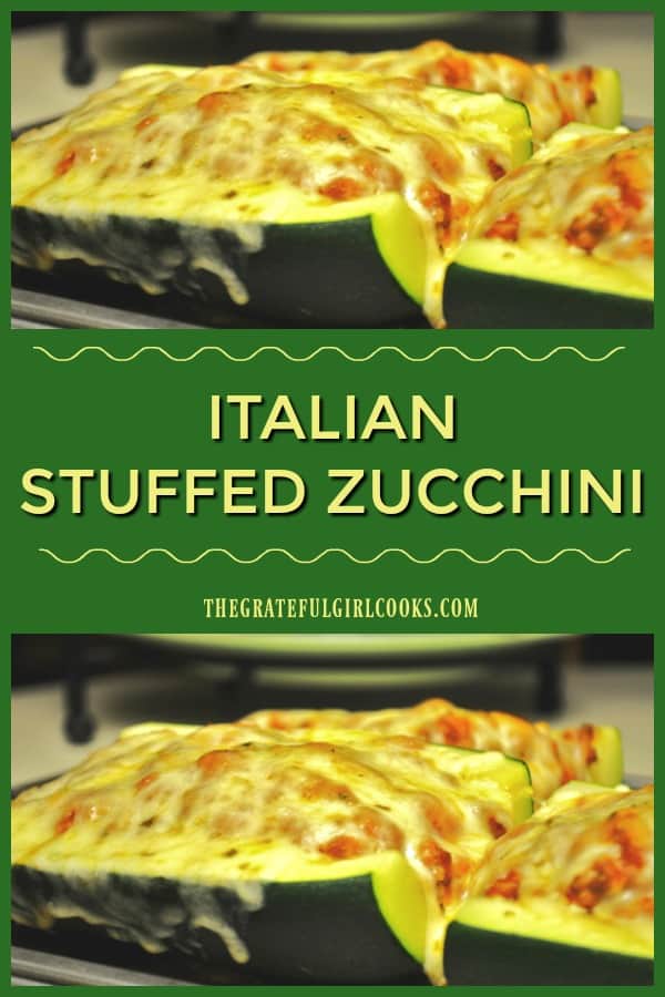 Baked Italian stuffed zucchini is a large zucchini, halved & filled with Italian sausage, tomato sauce, spices, Parmesan & mozzarella cheese.