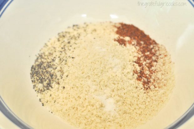 Seasoning mix to coat chicken is combined in a medium bowl.
