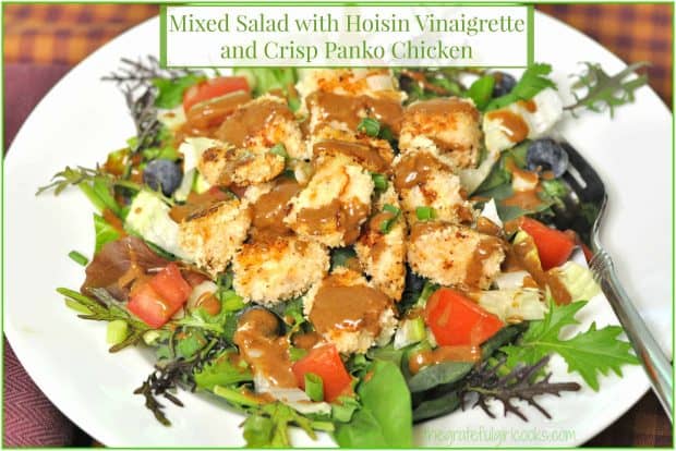 Make a Mixed Green Salad with Hoisin Vinaigrette! Spring greens are topped with panko-coated chicken, tomatoes, green onions and blueberries.