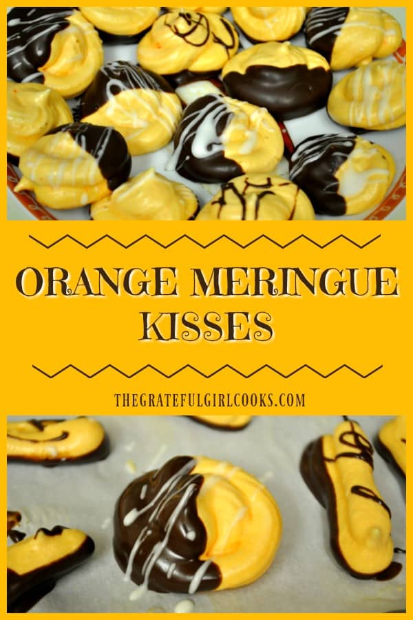 Light, airy and crisp, these chocolate dipped Orange Meringue Kisses are a fancy "cookie" you will enjoy! Easy prep, and a long, low temp. bake time.
