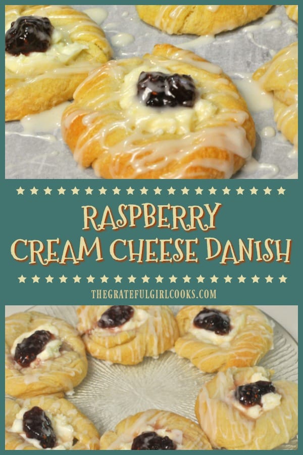 Raspberry cream cheese danish are crescent roll pastries with sweet cream cheese filling, baked and topped with jam, and drizzled with a simple glaze.