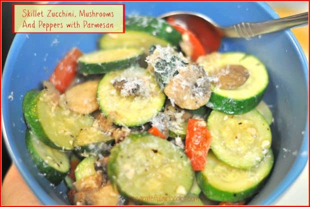 Skillet Zucchini is a delicious veggie side dish, with sautéed mushrooms, red bell pepper, and onions, topped with Parmesan cheese to serve.