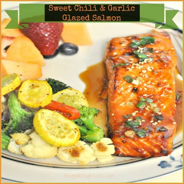 Sweet Chili Glazed Salmon fillets, marinated in sweet chili sauce, garlic, orange marmalade & soy sauce, is a simple, delicious, broiled seafood dish!