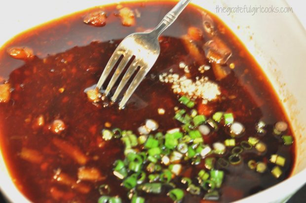 Making the sweet chili sauce glaze for the salmon.