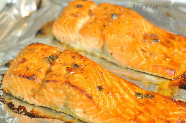 The sweet chili glazed salmon fillets are golden brown and flake easily after cooking