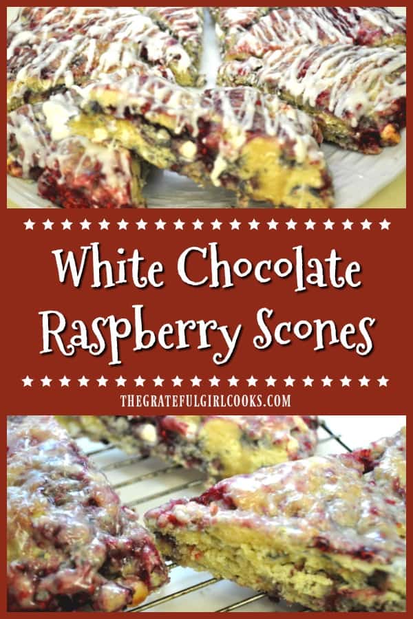 White chocolate raspberry scones are delicious, easy to make treats, filled with white chocolate chips and raspberries, and topped with a sweet glaze.