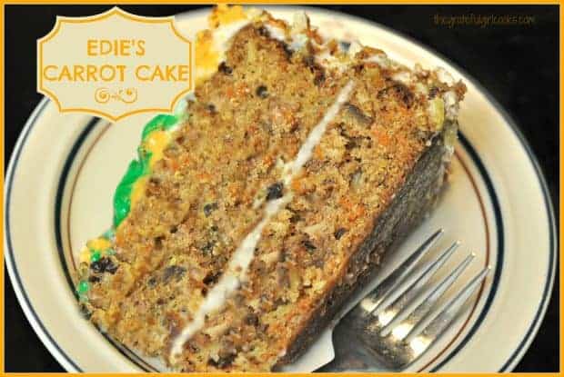 You'll LOVE Edie's Carrot Cake, an absolutely classic, DELICIOUS dessert with carrots, pineapple, pecans, cinnamon, and topped with cream cheese frosting!