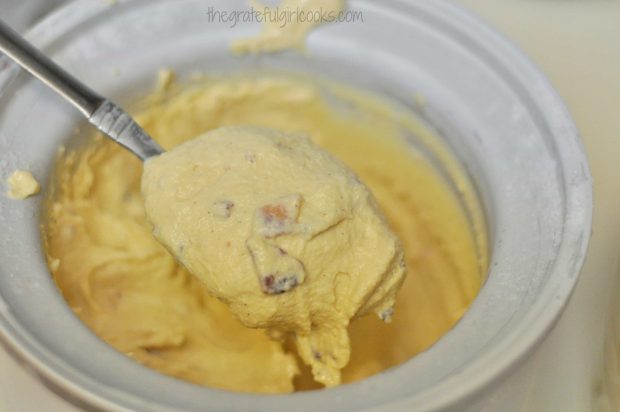 Spoonful of bacon ice cream from frozen cannister