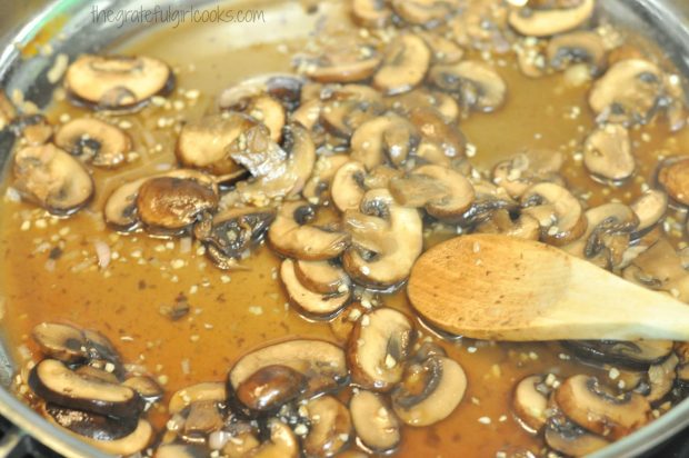 Mushrooms cook a bit more in the wine, garlic and shallots sauce.