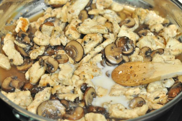 Almond milk, broth and mushroom sauce are added to the browned, cooked chicken slices.