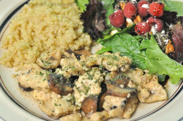 Chicken Marsala - "21 Day Fix" Recipe is served with a salad and quinoa on the side.