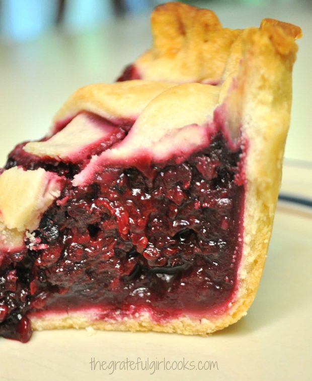 A side view of the deep dish boysenberry pie.