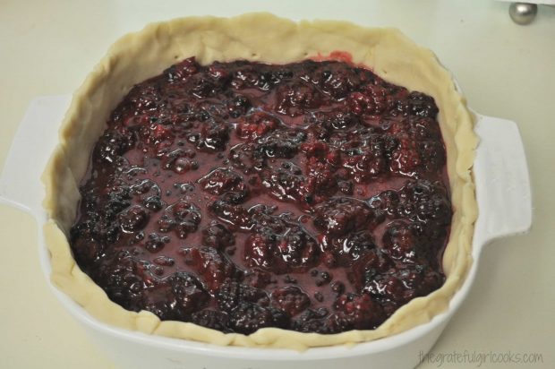 Boysenberry pie filling is placed into pastry lined deep dish