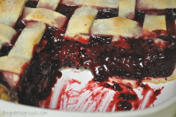 Inside look at the boysenberry pie after a piece was removed.