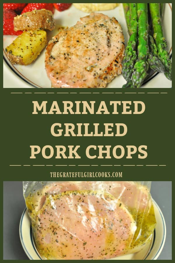 Marinated grilled pork chops feature thick boneless chops, seasoned in a light lemon juice, olive oil and herb marinade, then grilled to delicious perfection!