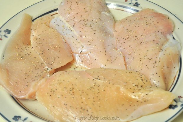 Chicken breasts, lightly seasoned with salt, pepper and spices are used to make Santa Fe Chicken.