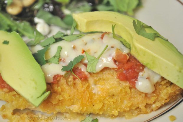 Santa Fe Chicken, garnished with avocado slices and cilantro and ready to eat!
