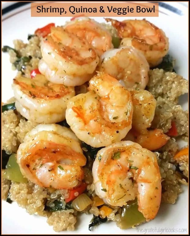 Make a delicious, filling shrimp quinoa veggie bowl, an all-in-one meal with cajun seasoned shrimp, fluffy quinoa, Swiss chard, onions, and peppers. 