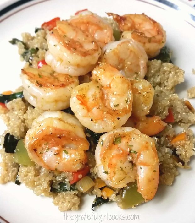 The shrimp quinoa veggie bowl is ready to eat!