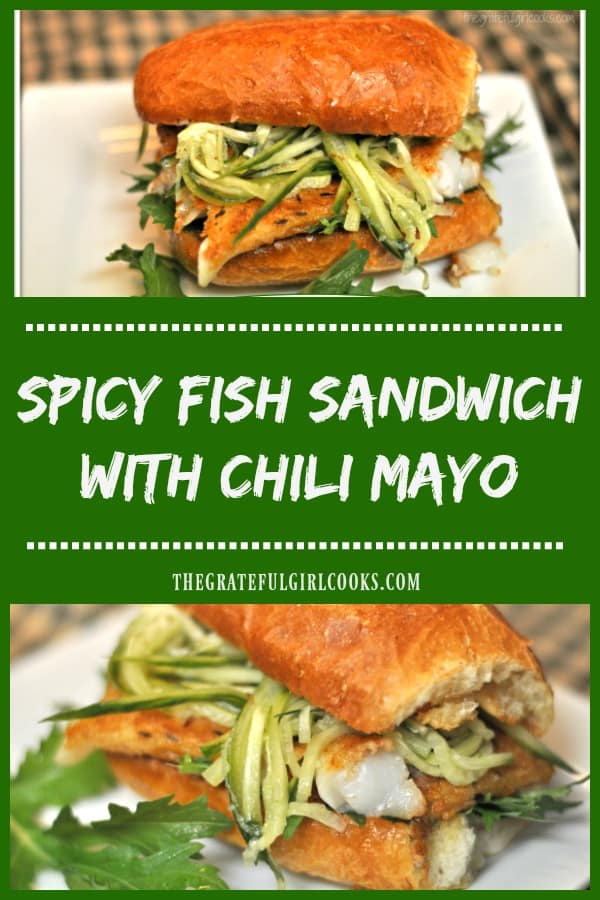 Spicy Fish Sandwich with Chili Mayo is an incredible meal, featuring pan-seared cod, peppery arugula and marinated cucumber strips, served on a toasted roll!