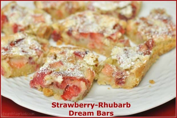 Strawberry-Rhubarb Dream Bars are creamy dessert bars with fresh strawberries and rhubarb filling on a rich, buttery crust. Recipe makes 16 treats.