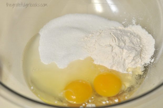 Eggs, flour, sugar and salt are combined to start making the filling.
