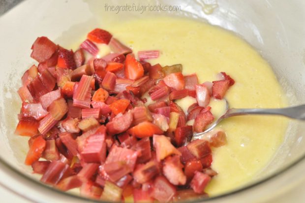 Chopped rhubarb and strawberries are added to the filling ingredients.
