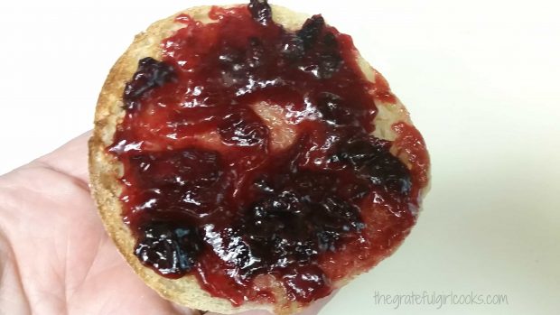 Bing Cherry Jam spread on an English muffin.