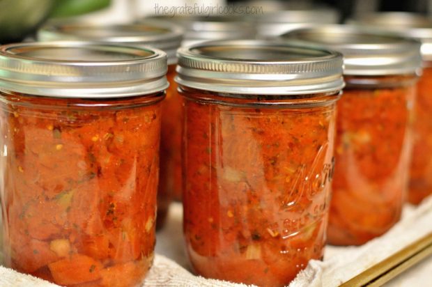 Jars of homemade Italian tomato sauce are canned and ready for pantry!