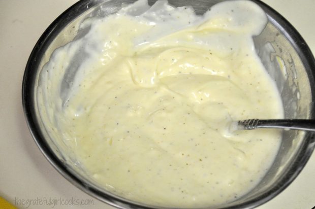 Potato Salad / The Grateful Girl Cooks! Potato salad dressing is mixed together in metal bowl.