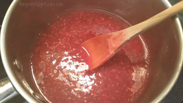 Raspberries, sugar and water cook in pan for about 6-7 minutes.