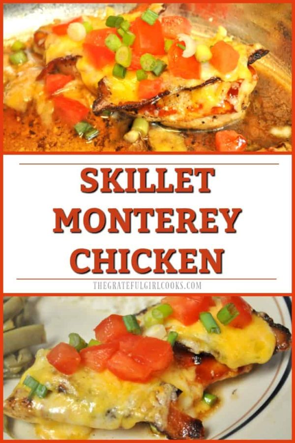 You're going to LOVE this delicious Skillet Monterey Chicken, which can be made in 20 minutes, and features chicken breasts, bacon, BBQ sauce, and cheese! 