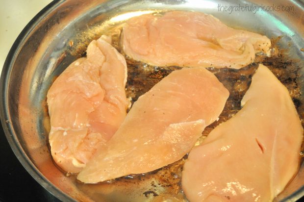 Cooking chicken breasts for skillet Monterey chicken dish.