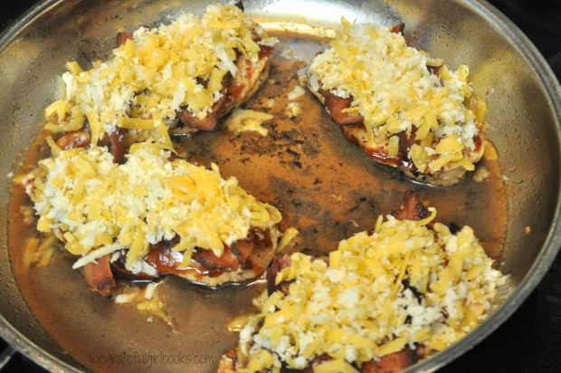 Grated jack and cheddar cheeses are added to the skillet Monterey chicken.