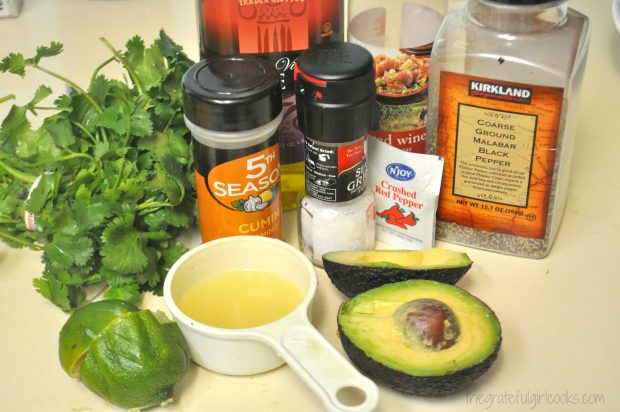 Ingredients used to make avocado dressing for this salad.