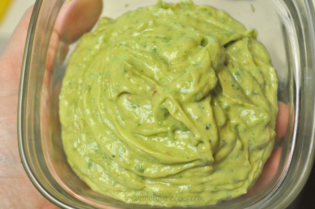 Creamy Avocado Cilantro Salad Dressing has been blended and is ready to use.