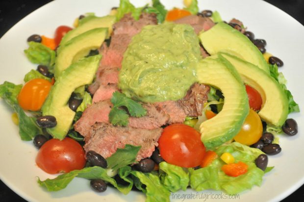 A dollop of avocado cilantro dressing tops the salad.