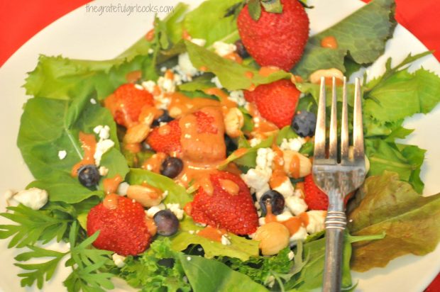 Mixed green salad, topped with strawberry balsamic vinaigrette.