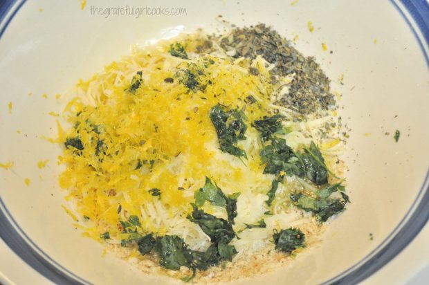 Bread crumbs, lemon zest, and spices in mixing bowl
