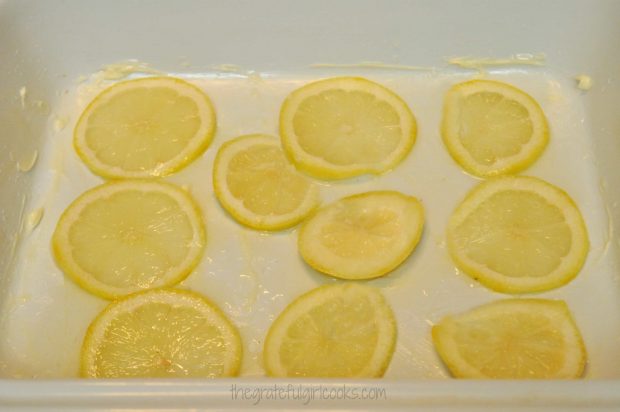 Lemon slices on bottom of white baking dish